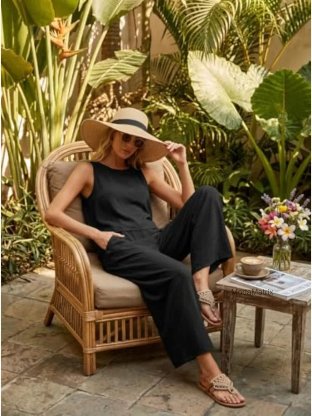 Women's 2 Piece Outfit Set Sleeveless Crop Top Wide Leg Pants with Pockets